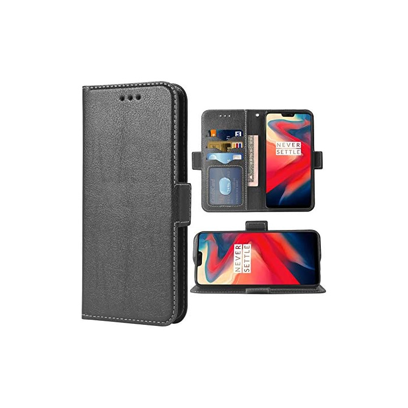DrPhone Flipcover - Bookcase - Luxe PU Lederen Portemonnee Case - Geschikt voor One Plus 6 - Wallet Case met Kickstand - Zwart
