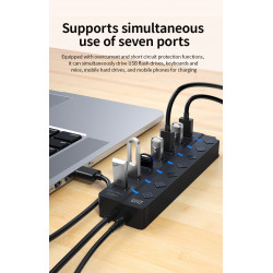 LUXWALLET PowerHub Pro - 7-in-1 USB Hub - USB 2.0 - USB-Aansluiting - Aan/Uit schakelaar - Splitter - LED Indicatie - Zwart