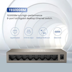DrPhone TND8 8-poorts Gigabit Switch - Passieve koeling - 9-12V - 8* 10/100/1000Mbps – Wandmontage (optie) - Grijs