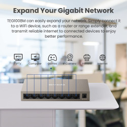 DrPhone TND8 8-poorts Gigabit Switch - Passieve koeling - 9-12V - 8* 10/100/1000Mbps – Wandmontage (optie) - Grijs