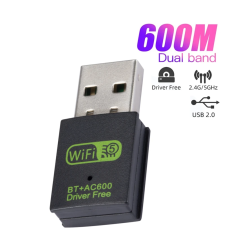 DrPhone NexusWave - Dual Band 2.4 & 5Ghz + Bluetooth 4.2 Adapter – Bluetooth Dongle - 600Mbps - Plug & Play - USB 2.0 - Zwart