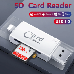 DrPhone SpeedLite – 3 In 1 USB 3.0 Kaartlezer – OTG – Lightning/Micro USB/USB 3.0 – FAT32/exFAT - Plug & Play - Wit