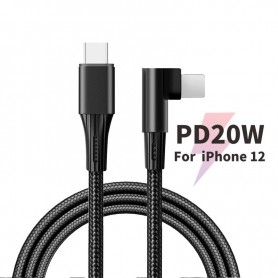 DrPhone UNL4 USB-C naar Lightning 9V/3A Snelle Oplaadkabel – PD 20W – Nylon gevlochten – 90 Graden - Data Sync - 1M – Wit