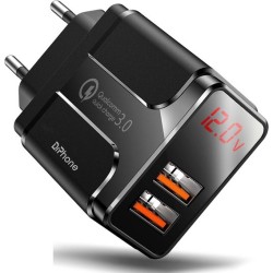 DrPhone ACC02 HALOXI 18W Thuislader – 2x USB QC 3.0 – Digitaal Display – Inclusief 1,2m Kabel Compatibel met Lightning