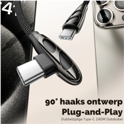 DrPhone USB C naar USB C Oplaadkabel - 240W – PD 3.1 – E-marker chip - 90° Elleboog Datakabel – Ondersteunt CarPlay - 1M