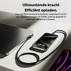 DrPhone USB C naar USB C Oplaadkabel - 240W – PD 3.1 – E-marker chip - 90° Elleboog Datakabel – Ondersteunt CarPlay - 1M