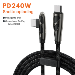 DrPhone USB C naar USB C Oplaadkabel - 240W – PD 3.1 – E-marker chip - 90° Elleboog Datakabel – Ondersteunt CarPlay - 1M