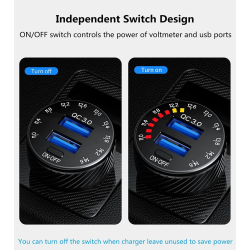 DrPhone QC14 – 36W QC3.0 Dubbele Autolader - 12V/24V - Dual USB - LED Voltmeter - AAN/UIT Schakelaar