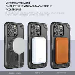 DrPhone ArmorStand – Schokbestendige 360° Bescherming Hoesje – Kickstand Case - Compatibel Met iPhone 17 Pro - Zwart