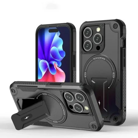 DrPhone ArmorStand – Schokbestendige 360° Bescherming Hoesje – Kickstand Case - Compatibel Met iPhone 17 Pro - Zwart