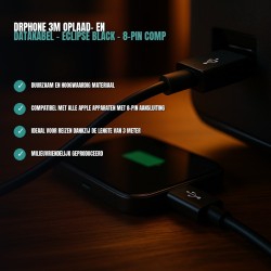 DrPhone 3m Oplaad- en Datakabel - Eclipse Black - 8-pin Compatibel – Kabels – Compatibel met iPhone en iPad