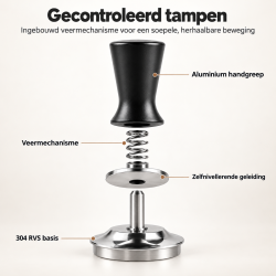 DrPhone BaristaPress 53 – Koffietamper 53 mm – Zelfnivellerende Espresso Tamper met Veer – RVS Basis – Zwart