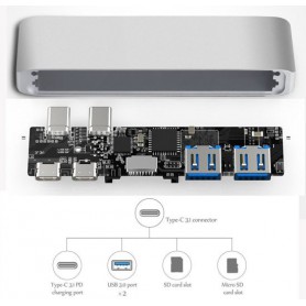 6 in 1 Aluminium Pro Hub Adapter (2x USB 3.0, 1x thunderbolt 3 , 1x USB-C, 2x USB 3.0, SD  1x Micro SD Kaartlezer)