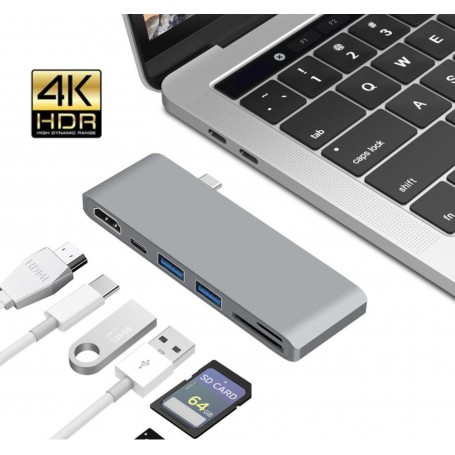 DrPhone 6 in 1 USB C Type-C Hub naar HDMI Adapter 4K + 2x USB 3.0 Poort + USB C PD (power delivery) + Micro SD / SD
