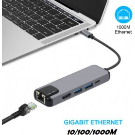 DrPhone 5 in 1 Multiport Type-C Hub - Hdmi 4K - 1x Gigabit(1000M) Ethernet - 2 x USB 3.0 - USB C Powerdelivery/Thunderbolt