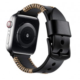 DrPhone Apple Watch 1/2/3/4 - 38mm - 40mm - Horlogeband Lederen Handgemaakte Stiksels Armband - Zwart