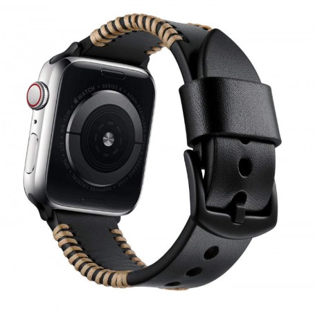 DrPhone Apple Watch 1/2/3/4 - 40mm - 38mm - Horlogeband Lederen Handgemaakte Stiksels Armband - Zwart