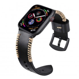 DrPhone Apple Watch 1/2/3/4 - 38mm - 40mm - Horlogeband Lederen Handgemaakte Stiksels Armband - Zwart