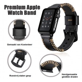 DrPhone Apple Watch 1/2/3/4 - 40mm - 38mm - Horlogeband Lederen Handgemaakte Stiksels Armband - Zwart