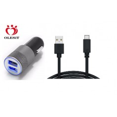 Olesit Autolader 3.1A oplader - 2 USB poorten - 5V/1.0 + 2.1A - Lader + Type C Kabel 1 Meter voor o.a Sony Xperia XZ2