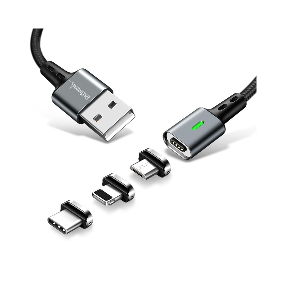 DrPhone iCON 2 Meter - 3 in 1 Magnetische Oplaadkabel Zwart Datakabel - 3.0A FastCharge - Lightning / USB-C / USB