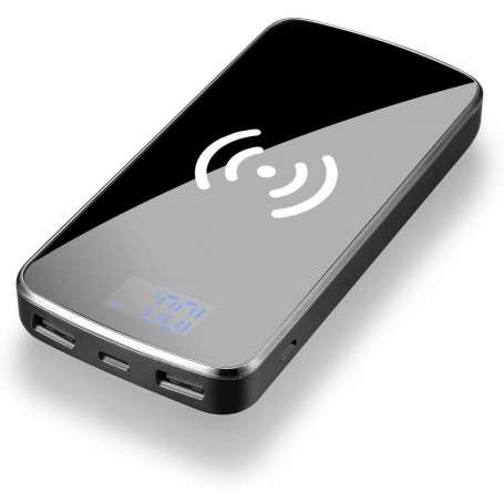 DrPhone PB3 Draadloze Qi Oplader + Mirror Power Bank 10000 mah met 2 USB poorten & Digitale Display - Zwart