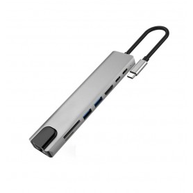 DrPhone 8 in 1 Hub – USB-C naar HDMI - 87W PD Lader - USB-C - RJ45 Gigabit - SD - 2x USB 3.0 Female – HDTV - Space Gray