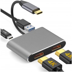 DrPhone Type C naar Dual HDMI Adapter 4K - USB 3.0-poort & USB C PD (power delivery) Charge