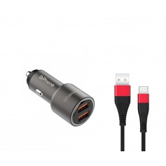 DrPhone QC-Alumi - 2 Poort Metalen Autolader + 1,2 Meter Oplaadkabel - Kabel – USB C