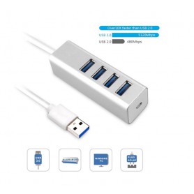 DrPhone USB 3.0 Hub Met 4 Poorten Aluminium Hub met micro-usb ingang – Zilver