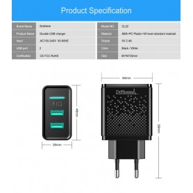 DrPhone - ACC02 IQ Smart 2 Poort Lader - 5V 2.4A - 2 USB Poorten - Smartphone + Tablet Lader - Wit