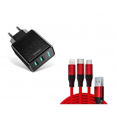 DrPhone - ACC02 IQ Smart 2 Poort Lader - 5V 2.4A - 2 USB Poorten + 3 in 1 Kabel (USB-C + Lightning + Micro USB) 1 Meter - Zwart