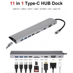 DrPhone USB C Hub - 11 in 1 met Gigabit Ethernet- 4K HDMI - VGA, 3x USB3.0 – 1x USB2.0 – Micro SD / SD - USB-C PD 3.0 & Audio