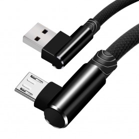 DrPhone D9 Micro USB Dubbele 90° Haakse Nylon Gevlochten 3A kabel – 2 Meter -Datasynchronisatie & Snel opladen – Zwart