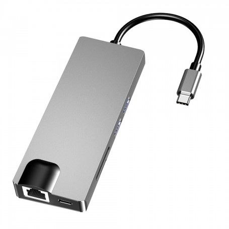 DrPhone COM2 - 8 in 1 hub - USB-C To H0dmi – Lan - Type-c – SD Card – USB 3.0 *2 – Hdmi – VGA – Tf/Sd Card - Zwart