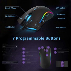 DrPhone DELUX Bedrade Ergonomische RGB Gamingmuis met 24.000 DPI - 7 programmeerbare knoppen met software – Zwart