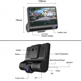 DrPhone DASH2 - DashCam Video CarDVR – Nachtzicht - 3 Lens HD Camera & Video – 5MP – 4inch HD Display – Achteraanzicht