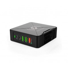 DrPhone WL5 USB-wandoplader- PD 3.0 - 75W - 5-poorten + Draadloos Oplader (PD-45W, Type-C, QC3.0 en 5V-2.4A)