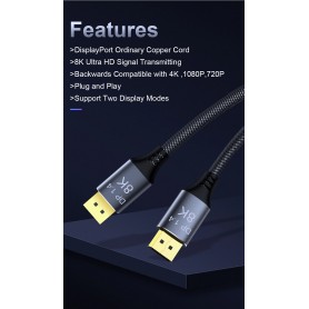 DrPhone 8K Ultra HD DisplayPort naar DisplayPort 1.4 - Male naar Male - Nylon gevlochten kabel - @ 60Hz -4K @144Hz