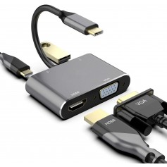 DrPhone CHX2 - 4 in 1 Adapter USB-C naar HDMI & VGA - 4k 3840*2160P / 60Hz +PD 87W & USB 3.0 – Grijs
