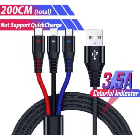 DrPhone MCL01- 3 IN 1 USB - Micro - Type C – Lightning – LED Display – Rood – Zwart – Blauw – 1.5M