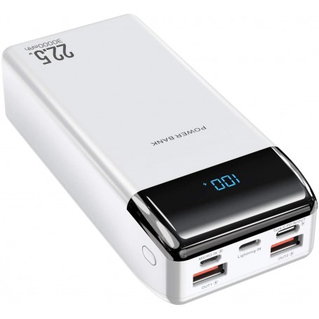 DrPhone PW4 Powerbank 30000mah - 22.5W- Draagbare Oplader - USB-C PD 20W met Digitale LCD-scherm – 2x Qualcom 3.0 - Wit