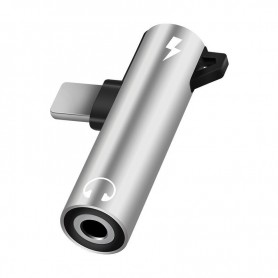 DrPhone – 2 in 1 Gun Splitter – Lightning + 3.5mm AUX Jack - Audio + Opladen - Voor iPhone / iPad Apple – Zilver