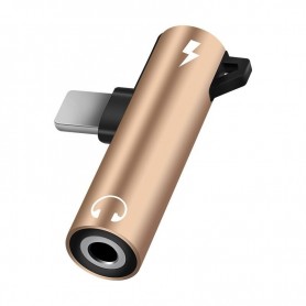 DrPhone – 2 in 1 Gun Splitter – Lightning + 3.5mm AUX Jack - Audio + Opladen - Voor Apple apparaten – Goud