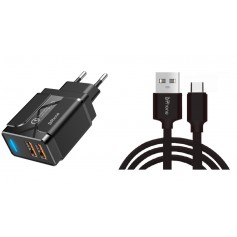 DrPhone PS5-Y - 1 Meter Kabel - USB-C - Oplaadkabel – 18W Dubbele Qualcom 3.0 Quick Charge - Adapter - Snel Lader – Zwart