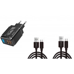 DrPhone PS5-Y - 2x 1 Meter Kabel - USB-C - Oplaadkabel – 18W Dubbele Qualcom 3.0 Quick Charge - Adapter - Snel Lader – Zwart