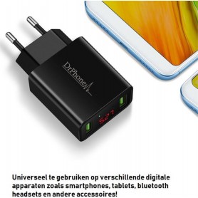 DrPhone ICO-1 - Magnetic Charging Cable - 5V 3A - Cable + Home Charger 2 port USB Charger with LED Display - White