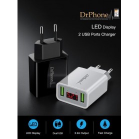 DrPhone ICO-1 - Magnetic Charging Cable - 5V 3A - Cable + Home Charger 2 port USB Charger with LED Display - White