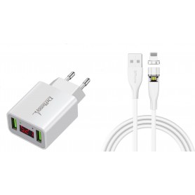 DrPhone ICO-1 - Magnetic Charging Cable - 5V 3A - Cable + Home Charger 2 port USB Charger with LED Display - White