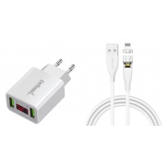 DrPhone ICO-1 - Magnetische Oplaadkabel - 5V 3A - Kabel + Thuislader 2 poorten USB Oplader met LED Display - Wit